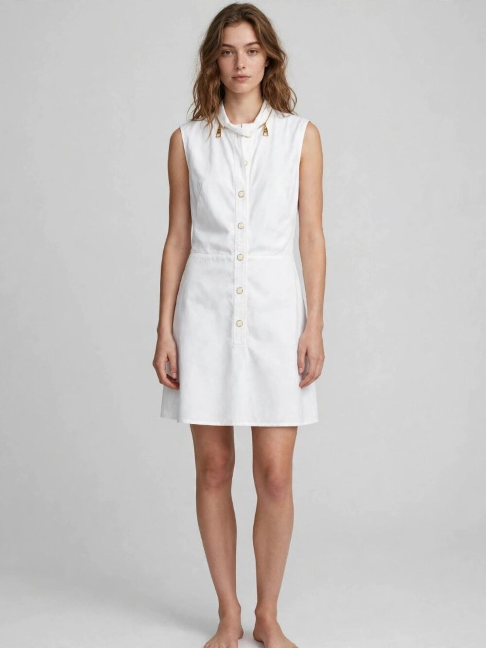 Louis Vuitton White Sleeveless Shirt Dress Gold Hardware XS